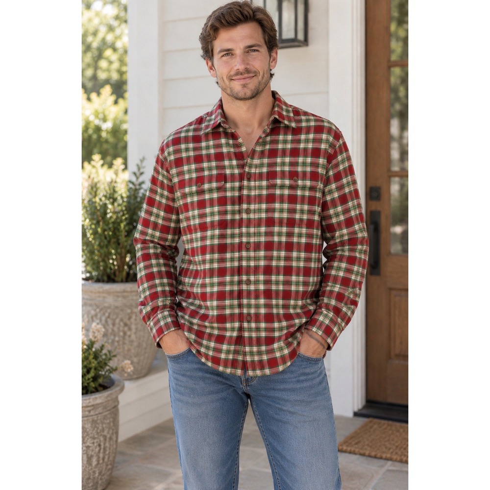 J.Crew Mens Red Green Plaid Long Sleeve Button Up Flannel Shirt 62229 Size S